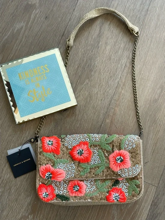 America & Beyond Floral Sequin Crossbody Bag in Coral and Gold - Picture 1 of 13